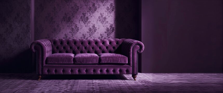 Elegant vintage sofa upholstery with quilted velour fabric in purple violet hue and button accents, set against a fabric wall pattern background