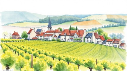 Watercolor illustration of a French Loire Valley village with vineyards in spring. Peaceful countryside landscape with gentle hills, houses and fresh green fields.