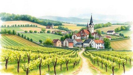 Watercolor illustration of a French Loire Valley village with vineyards in spring. Peaceful countryside landscape with gentle hills, houses and fresh green fields.