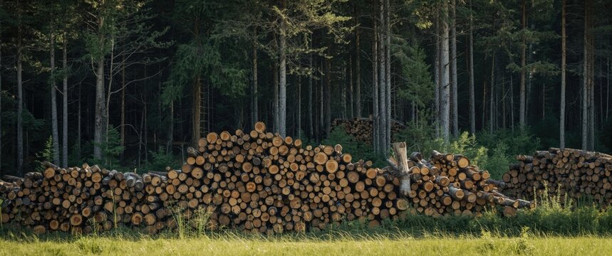 Logs were stacked following sanitary tree cutting at the edge of the mixed forest for later removal and processing
