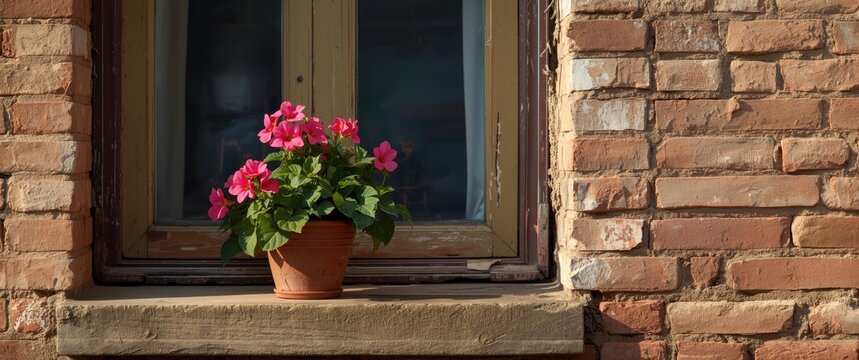 Old window with pink geranium in a clay pot
