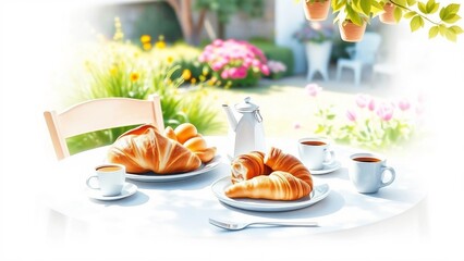 Watercolor painting of a sunny outdoor breakfast table with croissants, bread, fruit and coffee in a garden. Cozy lifestyle illustration full of warmth and calm.