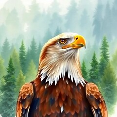 Detailed watercolor portrait of a majestic eagle with forest background. Powerful wildlife illustration symbolizing strength, freedom and nature.