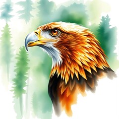 Detailed watercolor portrait of a majestic eagle with forest background. Powerful wildlife illustration symbolizing strength, freedom and nature.