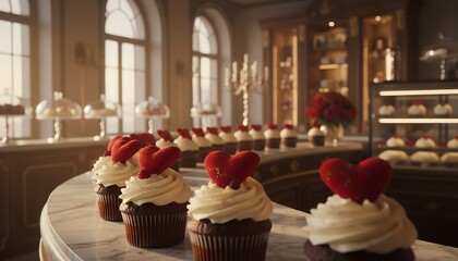 Chocolate cupcakes with white cream frosting and red heart toppers displayed in an elegant bakery interior, symbolizing romantic desserts, pastry art, luxury sweets, celebration, and love theme.
