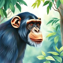 Expressive watercolor portrait of a chimpanzee in lush jungle surroundings. Detailed fur, soulful eyes and soft light, perfect for wildlife, nature, education and conservation themes.