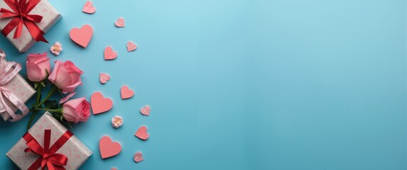 Valentine's Day card showcasing gifts, flowers, pink hearts, and tiny stars against a blue background. Flat lay top view with space for message.
