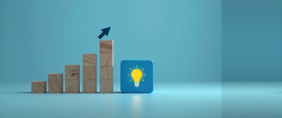 Concept of innovation technology network featuring arrow up on wooden blocks and a blue cube with light bulb symbol on blue background