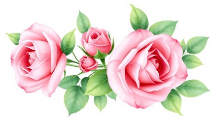 Delicate watercolor pink roses with green leaves on a transparent background. Elegant floral illustration perfect for wedding designs, invitations, scrapbooking and decor.
