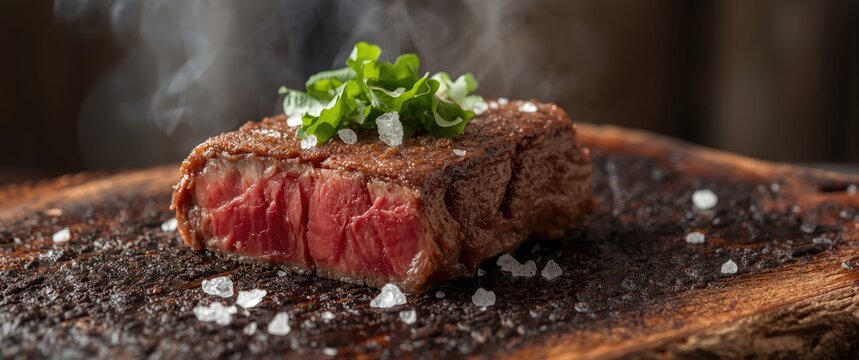 Detailed shot of a charred wooden surface holding dry aged wagyu entrecote beef steak topped with lettuce and salt
