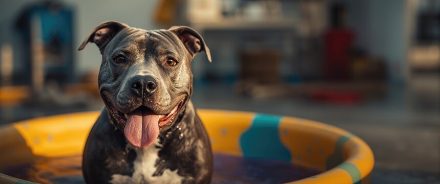 Animal shelter scene featuring blue pitbull with cropped ears in kiddy pool