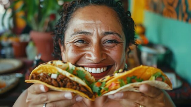 Smiling lady with food in hands at dining table
