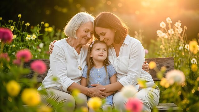 Happy three generations of women embracing together on wooden bench in beautiful blooming flower garden at sunset