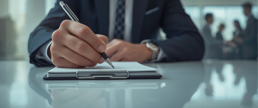 Close-up of a businessman's hands writing in a notepad at a corporate meeting &acirc;&euro;&ldquo; focus on efficient note-taking