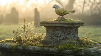 Miniature sculpted dove bird perched atop a weathered moss covered stone ornament in soft morning light