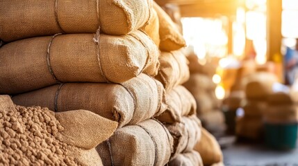 Stacks of rough spun burlap sacks filled with unknown grain stored outdoors in warm sunlight