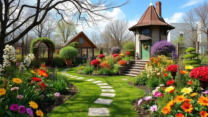 Colorful spring garden with winding path, blooming flowers and a charming cottage. Bright, cheerful scene ideal for garden inspiration, lifestyle and landscape designs.