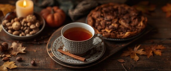 Autumn hygge still life featuring warm tea in elegant cup, rustic wooden table, apple pie with cinnamon, candle, autumn leaves, pumpkins, and nuts