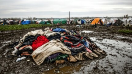 Piles of discarded clothing and worn out blankets in a muddy refugee camp setting with tents in the background