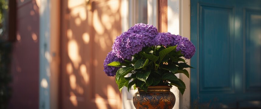 Purple Flowering Hydrangea in Pot in Urban Setting with Green Bush by House Entrance