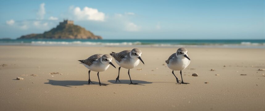 Juvenile sanderlings trio on the UK beach at Marazion