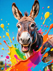 Funny donkey portrait with colorful paint splashes and joyful expression. Vibrant animal artwork perfect for humor, modern decor and creative designs.