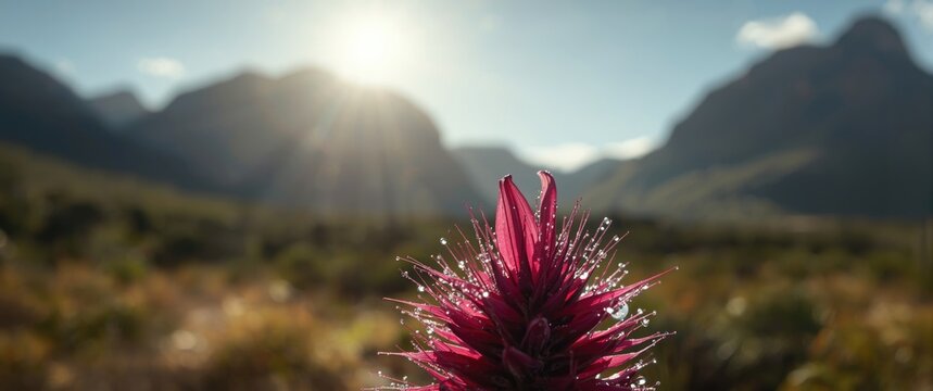 Beautiful purple and red flower with dew droplets on African Sage on a mountain plateau