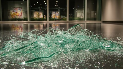 Sharp broken glass shards scattered across a polished reflective surface with blurred windows in the background