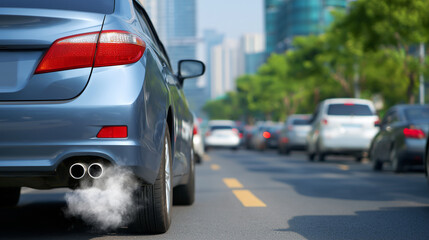 Traffic jam with vehicles emitting exhaust smoke on a congested road, close up, front-view close-up of tailpipe releasing smoke, bumper and tire details visible, background blurred