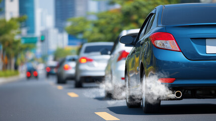 Traffic jam with vehicles emitting exhaust smoke on a congested road, close up, front-view close-up of tailpipe releasing smoke, bumper and tire details visible, background blurred