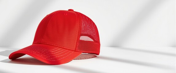 Polycotton Red 6-panel trucker cap on white background