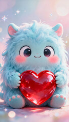 Cute fluffy blue fantasy creature holding a glowing red heart. Whimsical illustration perfect for love themes, kids designs and magical characters.