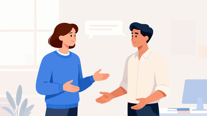 Fototapeta premium A man and a woman are talking to each other in a room. The man is wearing a white shirt and the woman is wearing a blue sweater