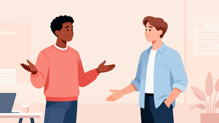 Fototapeta premium Two men are talking to each other in a room. One of them is wearing a pink sweater