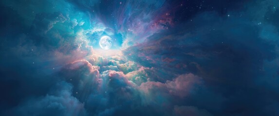 Obraz premium Zooming past rainbow clouds into a full super moon over New Jersey