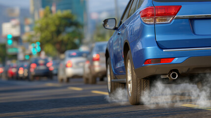 Traffic jam with vehicles emitting exhaust smoke on a congested road, close up, close-up of SUV and sedan tailpipes releasing fumes, asphalt with oil stains, brake lights glowing,