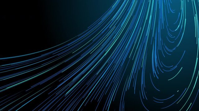 Abstract particle tracks are woven into a dynamic pattern, reminiscent of the orbits of asteroids in outer space. Their movement creates a sense of depth and endless movement.