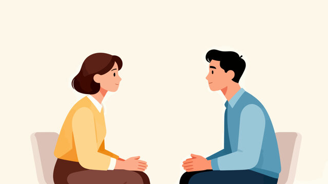 A man and a woman are sitting on chairs and talking to each other. The man is wearing a blue shirt and the woman is wearing a yellow shirt. Scene is friendly and casual