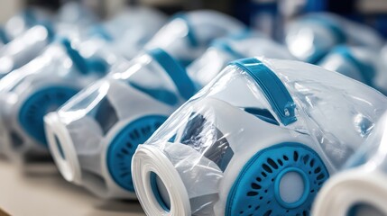 Rows of sealed disposable respirators in protective packaging with blue and white accents ready for distribution