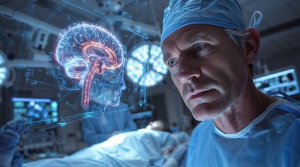 Man surgeon examining a holographic brain in operating room. Futuristic medical technology for neurosurgery, research, and diagnostics of human organ.