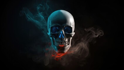 A skeletal figure emerging amidst dense smoke, highlighting ominous atmospheres, Halloween