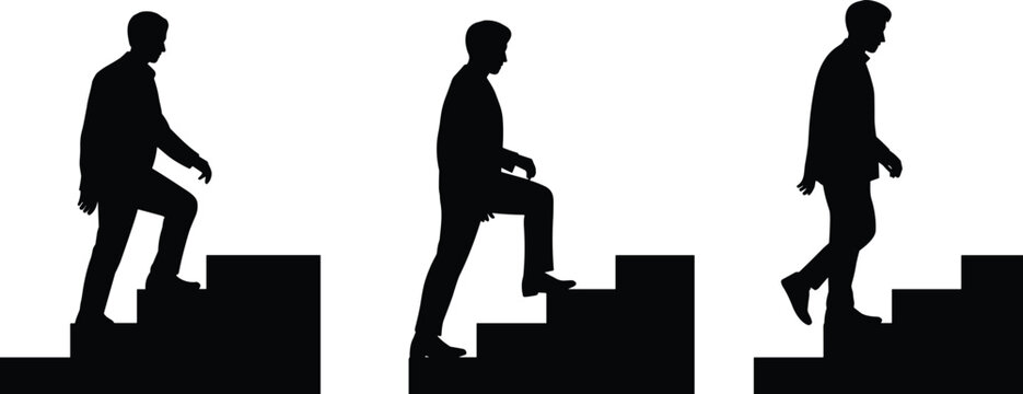 Set of 3 silhouette icons showing stair ascent progression, ideal for growth, motivation, movement, and instructional design themes.