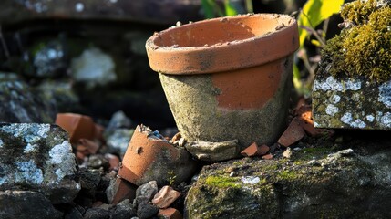 Shattered terracotta pots lie in ruins outdoors on the ground