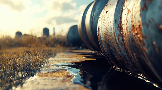 Rusted abandoned fuel tanks leaking pollutants outdoors in the field