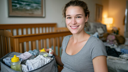 A pregnant woman organizes baby essentials in a bag, preparing for motherhood with bottles and clothing visible, wide-angle shot of nursery room with crib and toys in background, p