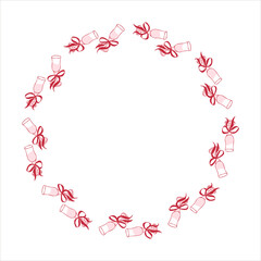 Round frame with romantic champagne glasses with ribbons for Valentine's Day and birthday. Hand drawn wreath with empty copy space. Vector illustration for cards, invitations, packaging, branding