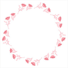 Circle frame with simple romantic flowers for Valentine's Day, birthday and spring decor. Hand drawn wreath with blank copy space. Vector illustration for cards, invitations, packaging, branding