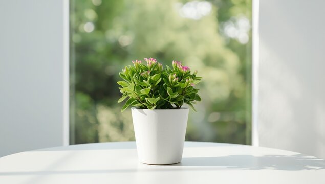 House plant in white flowerpot placed on a white table with a green backdrop emphasizes interior decor, World Environment Day