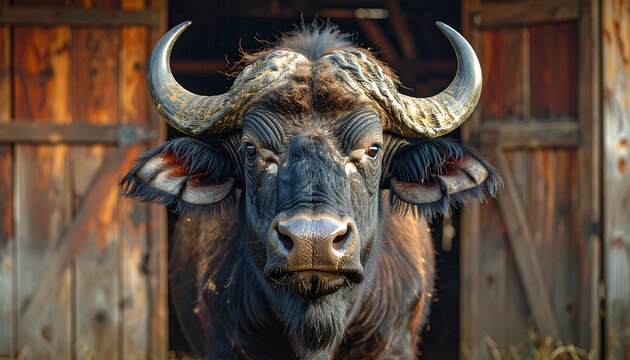 High-definition close-up of a buffalol ooking directly at the camera with background of barn. The image captures fine details of the face &mdash; soft fur texture, moist nose, big gentle eyes.