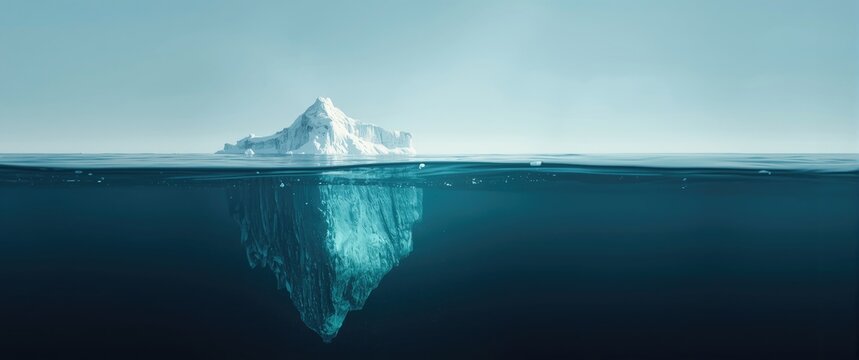 Beautiful white iceberg seen underwater in the ocean - Tip of the iceberg, revealing hidden threats under melting glaciers